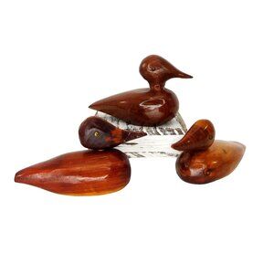 3 Small Vintage Duck Figurines Wood Hand Carved